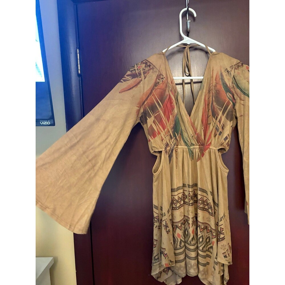 Black Bead Boho Cutout Handkerchief Hem Dress Women’s Small Feather Print - Picture 6 of 8